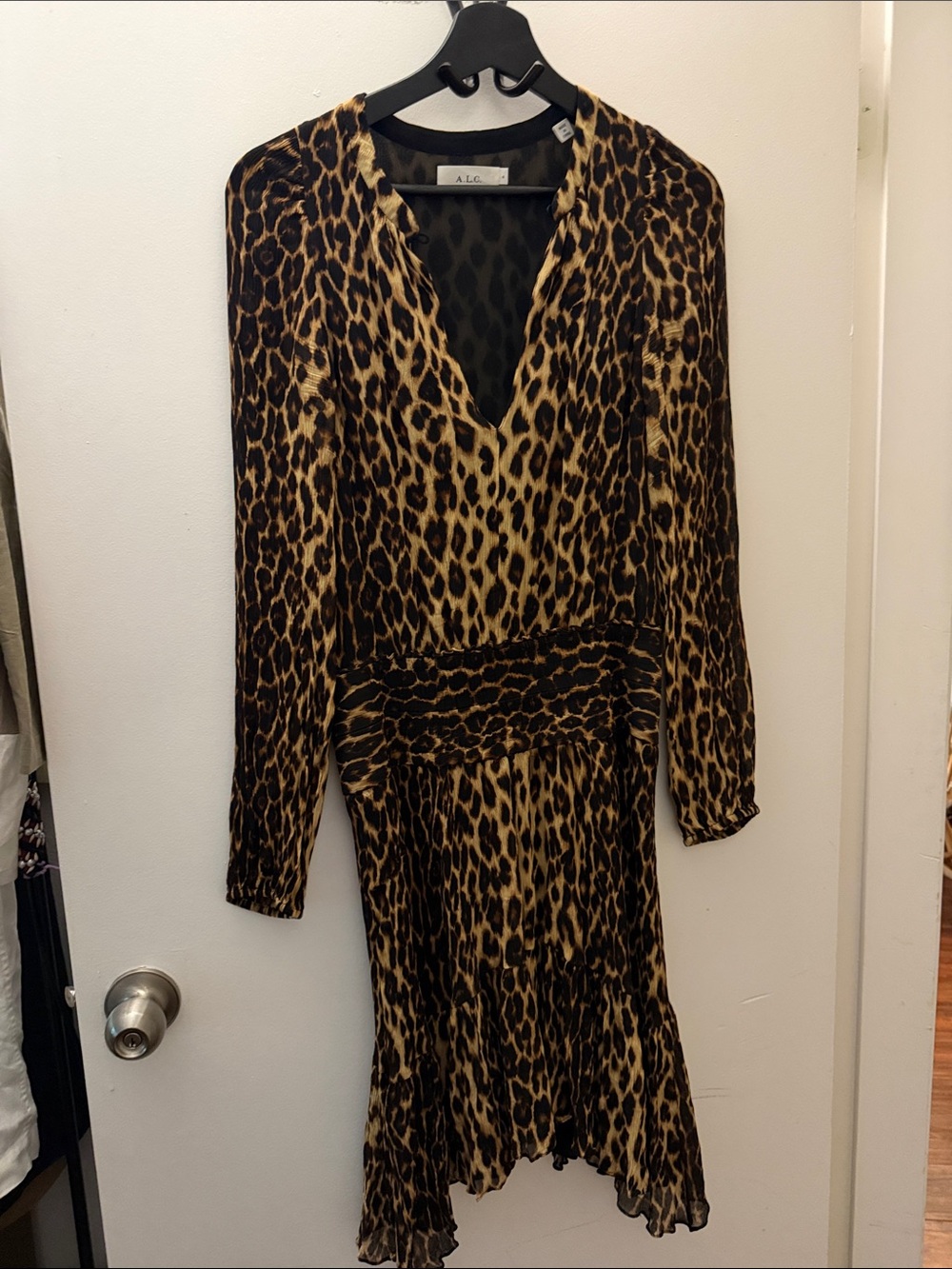 A.L.C. Silk Leopard Print Long Sleeve V-Neck Dress Brown/Black animal print